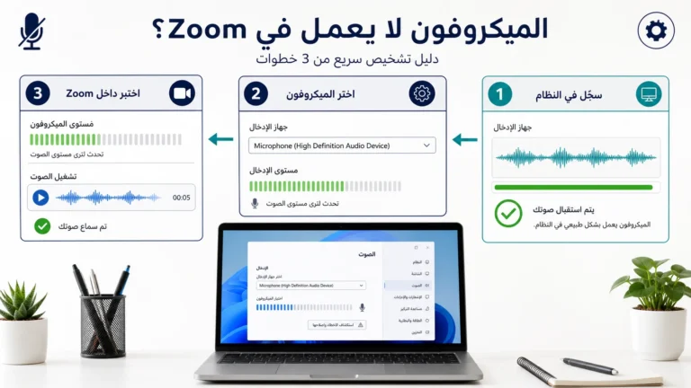 تشخيص ميكروفون Zoom عبر تسجيل النظام ثم اختيار جهاز الإدخال واختبار Test microphone وصلاحيات Windows