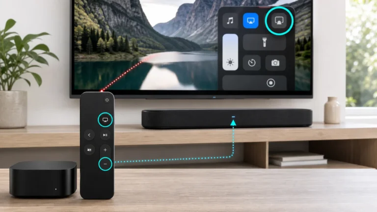 ريموت Apple TV مع مساري التحكم بالصوت عبر الأشعة تحت الحمراء وHDMI إلى التلفزيون ومكبر الصوت