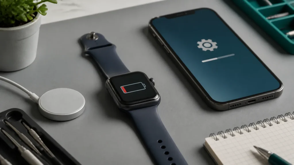 Apple Watch ببطارية منخفضة بجوار iPhone أثناء تحديث النظام