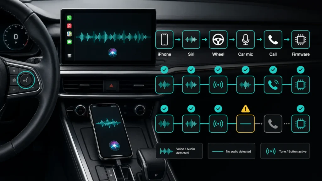 CarPlay conectado con pruebas de Siri botón del volante micrófono del coche llamada y firmware