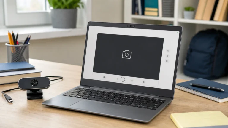 Chromebook يعرض كاميرا غير متاحة مع غطاء خصوصية وكاميرا USB للاختبار