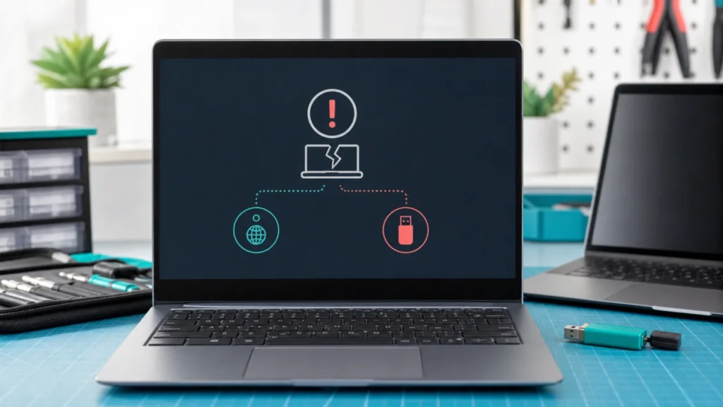 Chromebook على شاشة استرداد مع خيار الإنترنت وذاكرة USB وجهاز ثانٍ