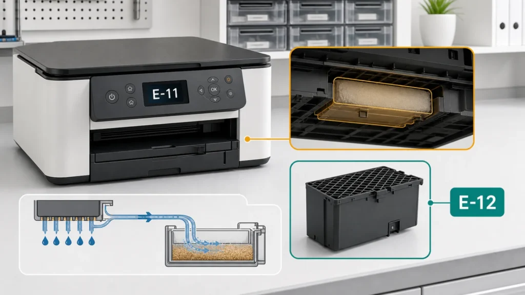 طابعة Epson تعرض E-11 مع مقارنة وسادة الحبر وصندوق الصيانة القابل للاستبدال