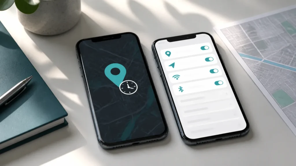 هاتف يعرض موقعًا قديمًا بجانب إعدادات Find My وخدمات الموقع والاتصال
