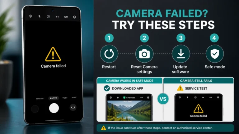 Galaxy S26 يعرض Camera Failed مع إعادة التشغيل وإعدادات الكاميرا والتحديث واختبار Safe Mode