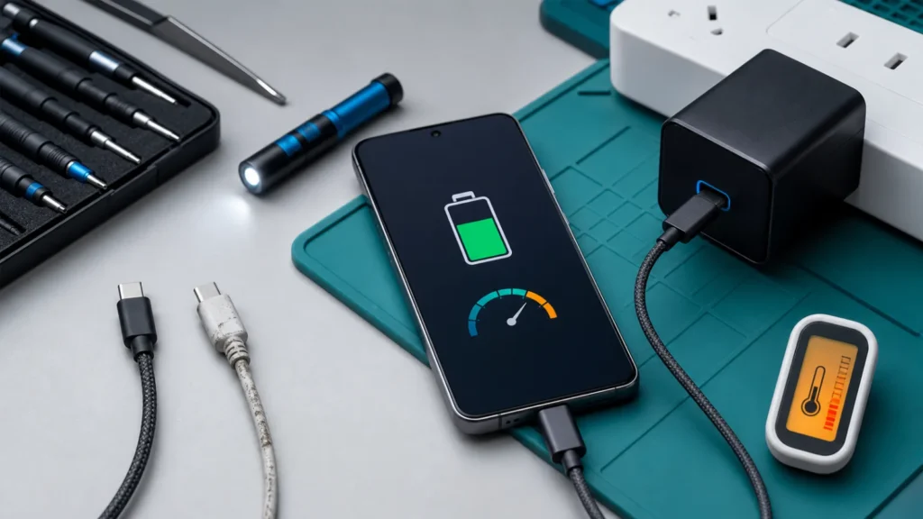Galaxy S26 موصول بشاحن سريع مع مقارنة كابل USB-C سليم وتالف وفحص حرارة المنفذ