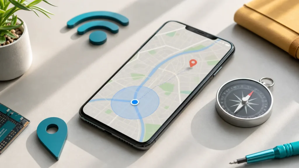 هاتف يعرض نقطة موقع زرقاء غير دقيقة بجانب بوصلة وإشارة Wi-Fi