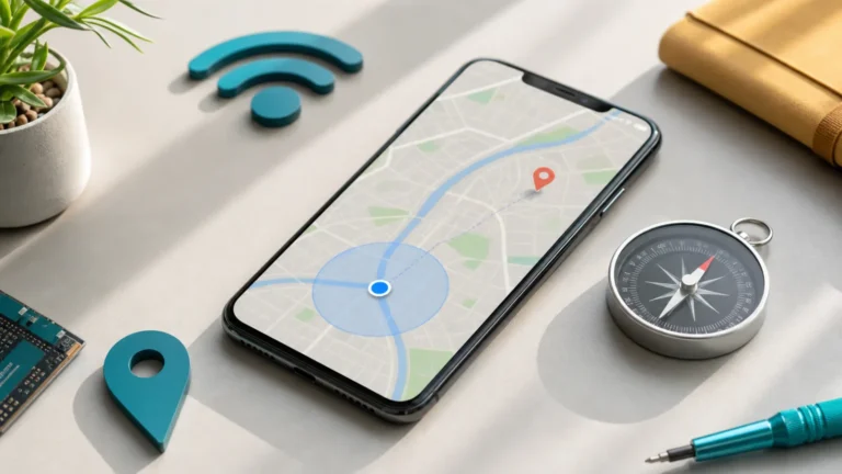 هاتف يعرض نقطة موقع زرقاء غير دقيقة بجانب بوصلة وإشارة Wi-Fi