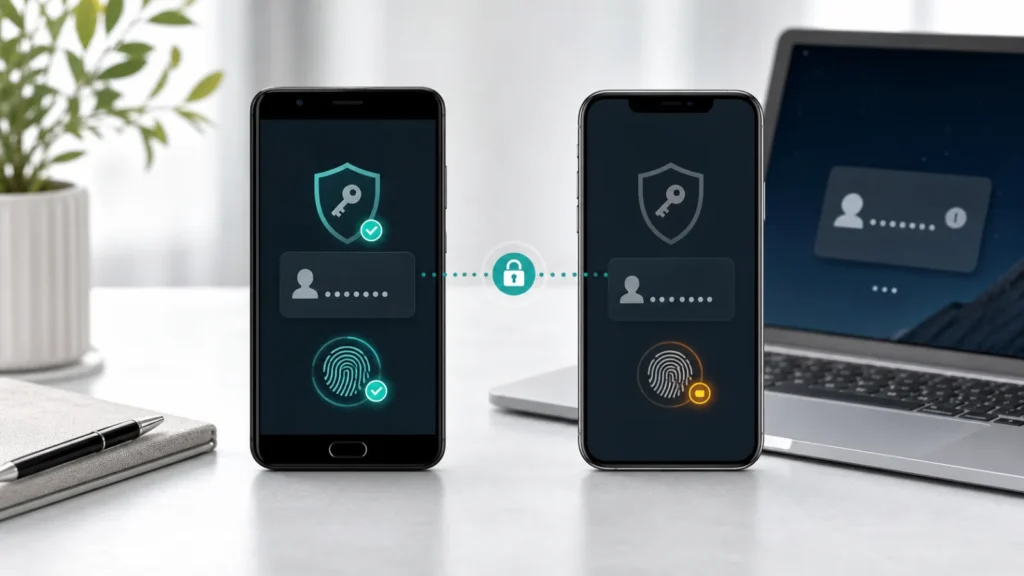 هاتف قديم وهاتف جديد ينقلان مفتاح مرور آمن مع تحقق بالبصمة وحاسوب قريب