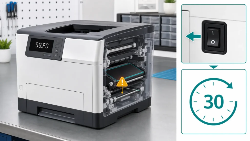 طابعة HP تعرض 59.F0 مع حزام النقل ومفتاح الطاقة وانتظار 30 ثانية