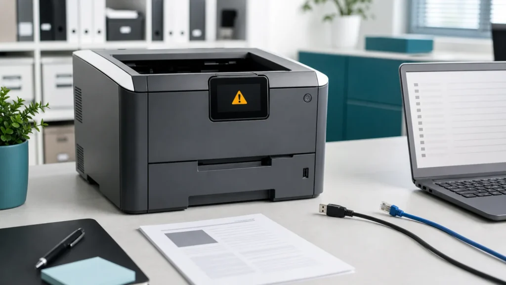 طابعة HP LaserJet مع كابلي USB والشبكة مفصولين لاختبار خطأ 79
