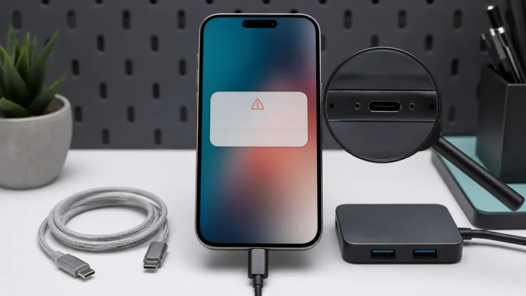 هاتف يعرض تنبيه ملحق غير مدعوم مع كابل USB-C ومحول ومنفذ قيد الفحص