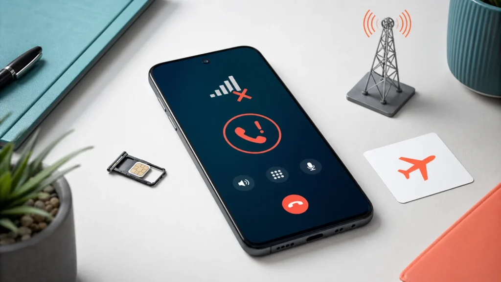 هاتف يعرض فشل مكالمة مع إشارة شبكة ودرج SIM ورمز وضع الطيران