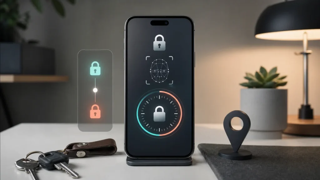هاتف يعرض مفهوماً لتأخير أمان بمرحلتين مع قفل وFace ID ومؤشر موقع