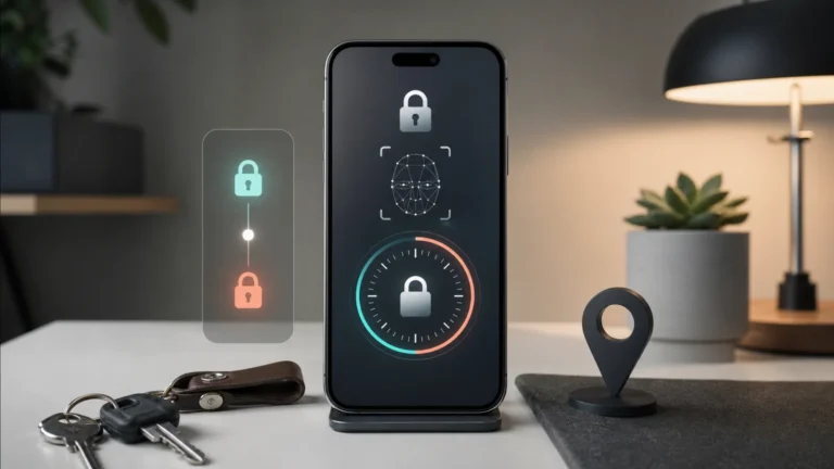 هاتف يعرض مفهوماً لتأخير أمان بمرحلتين مع قفل وFace ID ومؤشر موقع