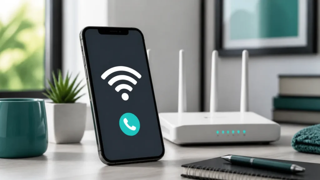 iPhone يعرض مكالمة عبر Wi-Fi أمام راوتر منزلي