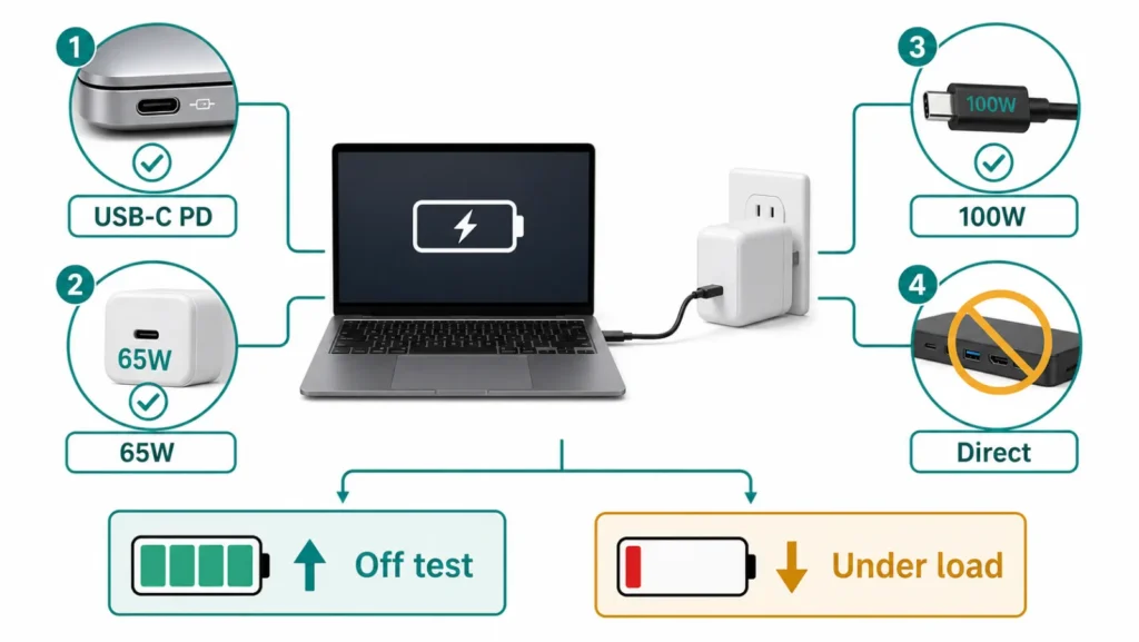 Laptop USB-C Power Delivery diagnostic with 65W charger, 100W cable, direct connection, and off versus under-load test