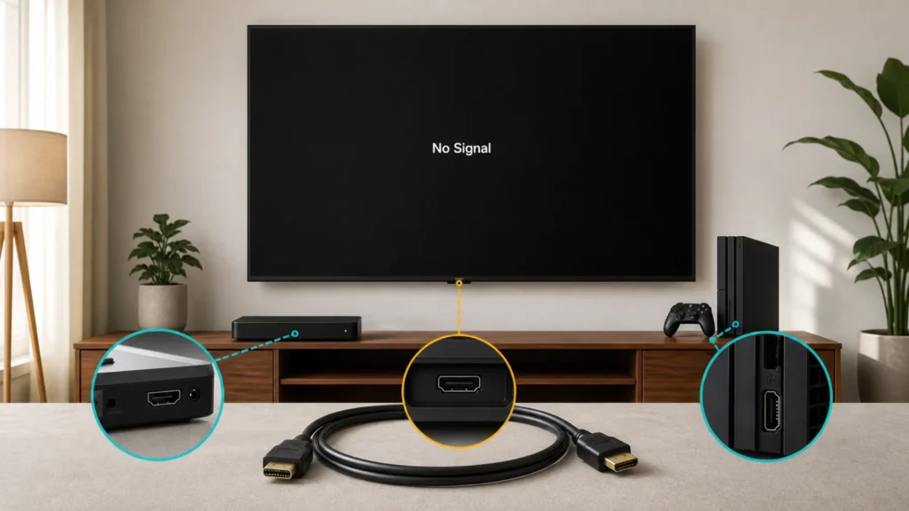 تلفزيون يعرض No Signal مع رسيفر وجهاز ألعاب وكابل ومنافذ HDMI لاختبار مصدر الإشارة