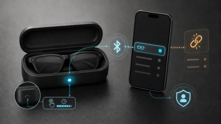 نظارة ذكية داخل علبة الشحن مع ضوء اقتران أزرق وزر خلفي واتصال Bluetooth بالهاتف وتنبيه لاقتران قديم