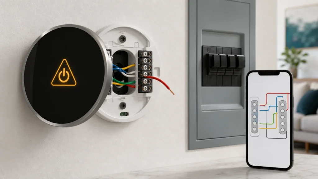 ترموستات Nest يعرض تحذير طاقة مع فحص سلك Rc بعد إطفاء القاطع