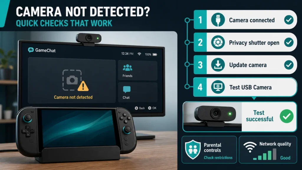 Nintendo Switch 2 وكاميرا USB مع GameChat واختبار إشعار الاتصال وغالق الخصوصية وتحديث الكاميرا