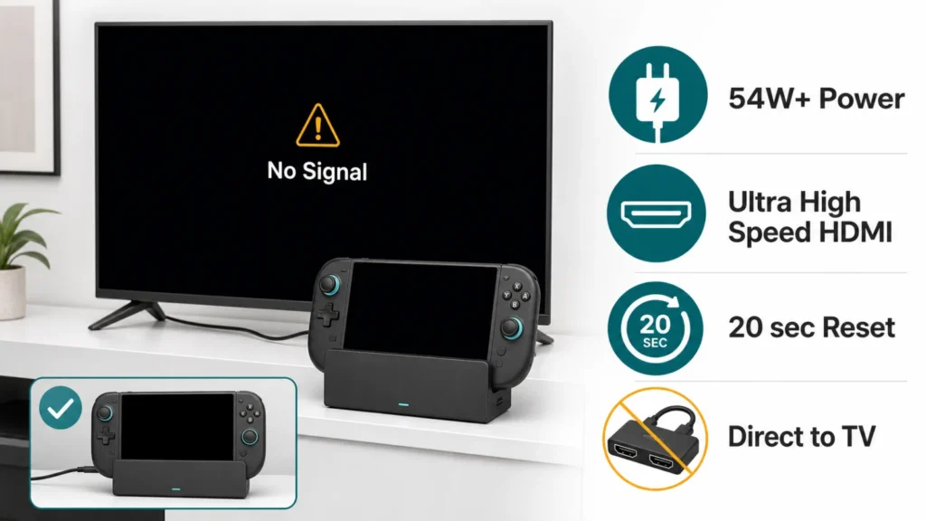 Nintendo Switch 2 في القاعدة وتلفزيون بلا إشارة مع اختبار شاحن 54W وكابل Ultra High Speed HDMI