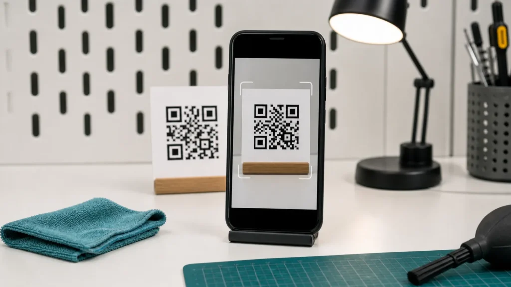 هاتف يركز على رمز QR بجانب إضاءة وقطعة تنظيف للعدسة