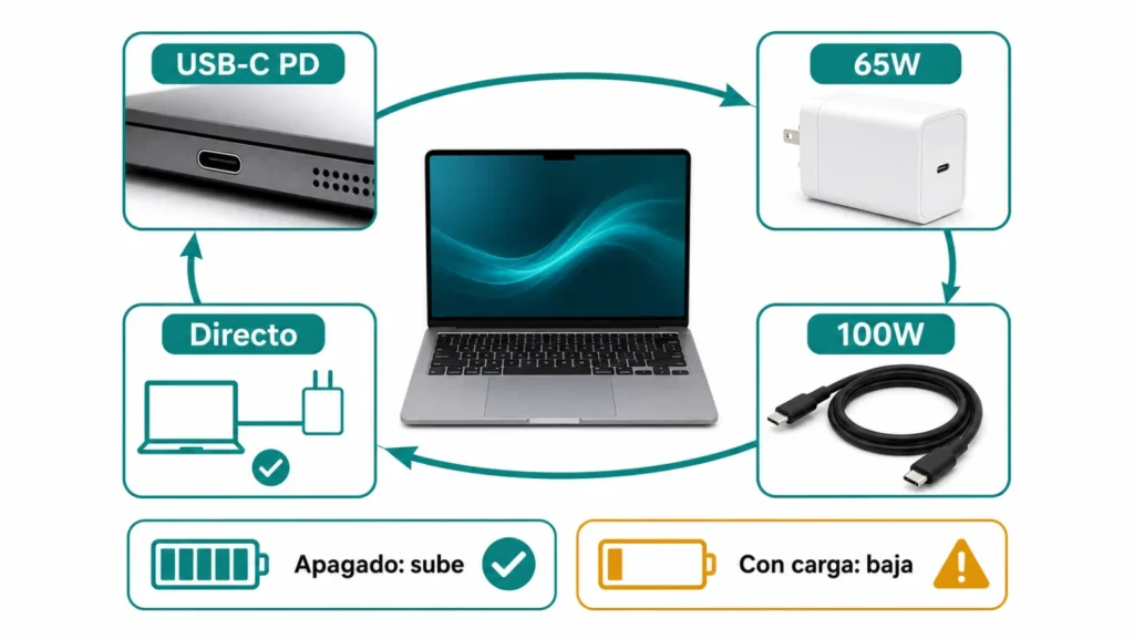 Portátil USB-C Power Delivery con cargador 65W, cable 100W, conexión directa y prueba apagado frente a carga