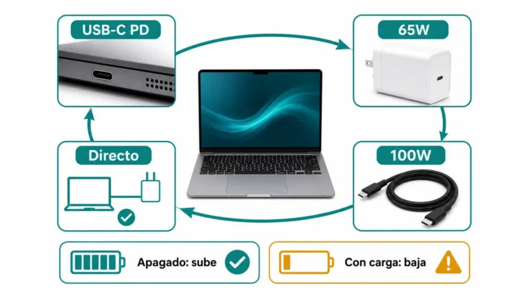 Portátil USB-C Power Delivery con cargador 65W, cable 100W, conexión directa y prueba apagado frente a carga