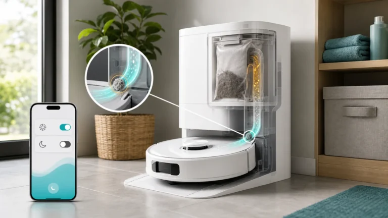 قاعدة Roborock Qrevo مع مسار انتقال الغبار من صندوق الروبوت إلى كيس القاعدة