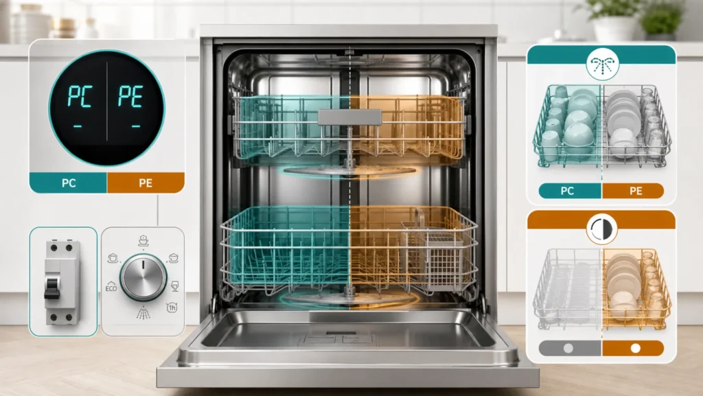 شاشة غسالة صحون Samsung تعرض PC وPE بجانب خياري Zone Wash وHalf Load