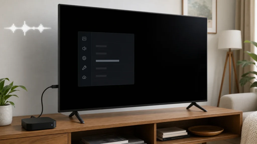 تلفزيون Samsung بشاشة سوداء مع قائمة ظاهرة وجهاز HDMI خارجي