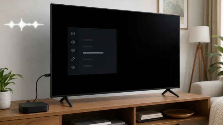 تلفزيون Samsung بشاشة سوداء مع قائمة ظاهرة وجهاز HDMI خارجي
