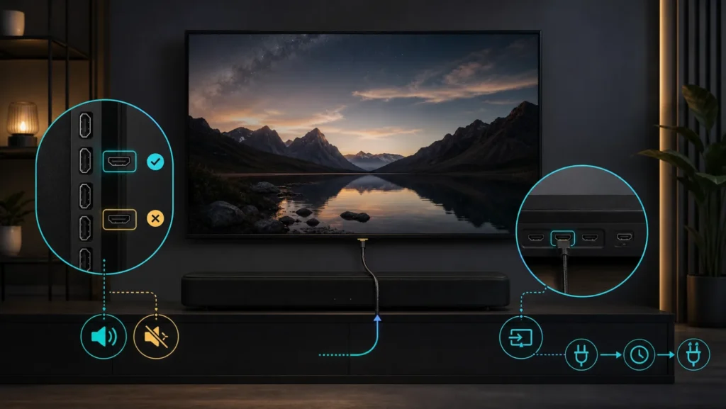 تلفزيون وsoundbar مع توضيح منفذ HDMI ARC الصحيح والمنفذ العادي ومخرج الصوت ومصدر الشريط ودورة الطاقة