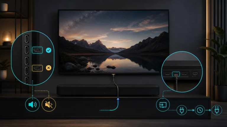 تلفزيون وsoundbar مع توضيح منفذ HDMI ARC الصحيح والمنفذ العادي ومخرج الصوت ومصدر الشريط ودورة الطاقة