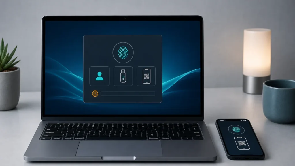 حاسوب Windows يعرض خيارات مفتاح مرور وبصمة وهاتف مع مؤشر خطأ عند التحقق