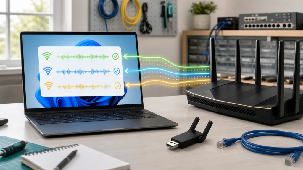 اتصال لابتوب Windows 11 براوتر Wi-Fi 7 عبر نطاقات 2.4 و5 و6 GHz باستخدام MLO