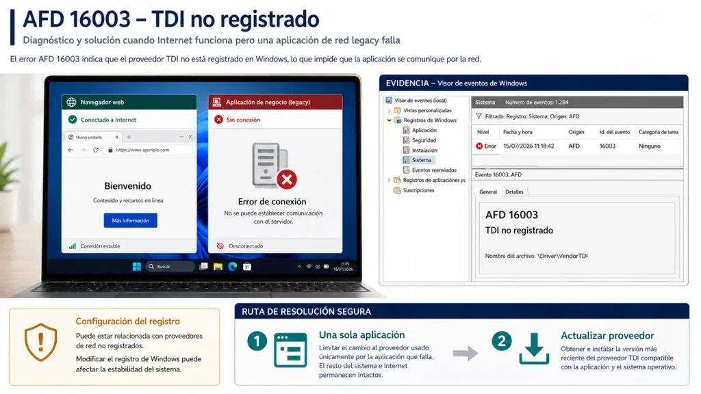 Diagnóstico de Windows con una aplicación sin red, evento AFD 16003, controlador TDI no registrado y actualización del proveedor