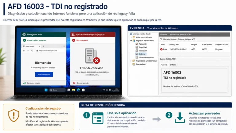 Diagnóstico de Windows con una aplicación sin red, evento AFD 16003, controlador TDI no registrado y actualización del proveedor