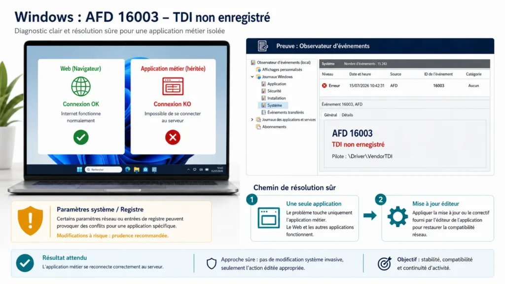 Diagnostic Windows montrant une application réseau en panne, un événement AFD 16003, un pilote TDI non enregistré et la mise à jour de l’éditeur