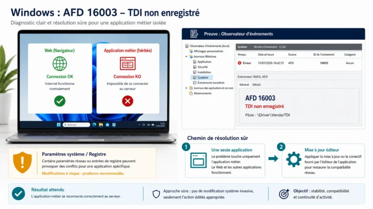 Diagnostic Windows montrant une application réseau en panne, un événement AFD 16003, un pilote TDI non enregistré et la mise à jour de l’éditeur