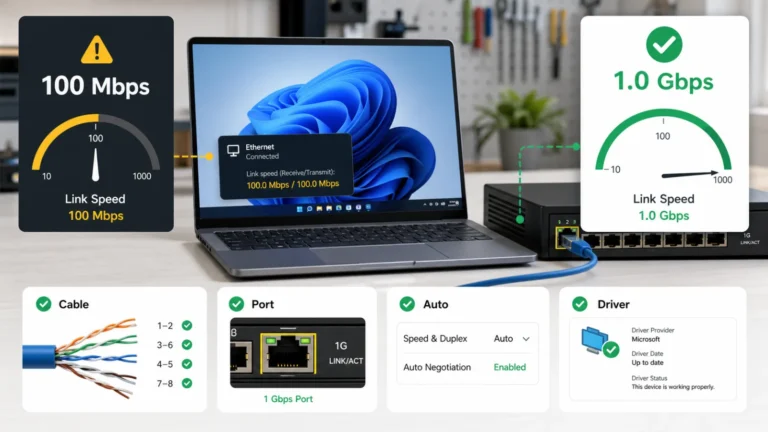 Windows 11 يعرض Ethernet بسرعة 100 Mbps مع اختبار الكابل ومنفذ Gigabit وAuto Negotiation والتعريف