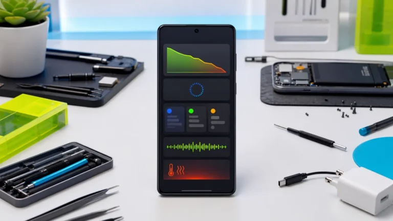 هاتف Android يعرض هبوط البطارية بعد تحديث النظام مع تطبيقات خلفية ومؤشر حرارة وشاحن مفصول